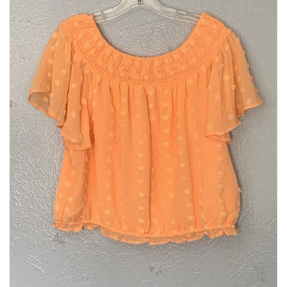 Cato Blouse Large Coral Orange Sheer Gauze Smocked Neck Swiss Dot Pattern Boho